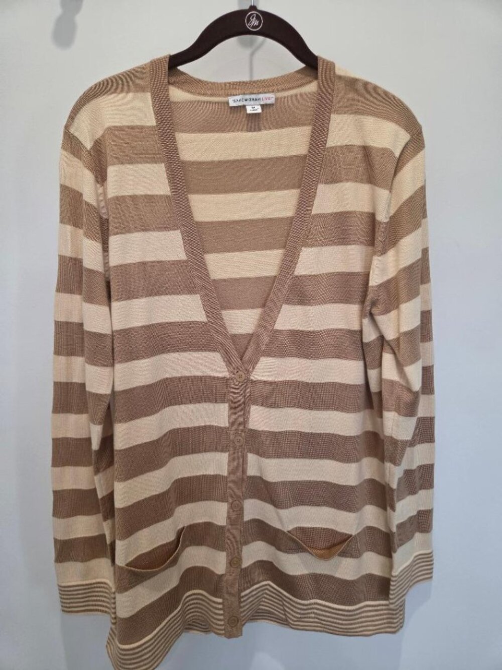 Issac Mizrahi Lovely Knit Tan & Cream Cardigan V Neck Button Down Sweater  sz M